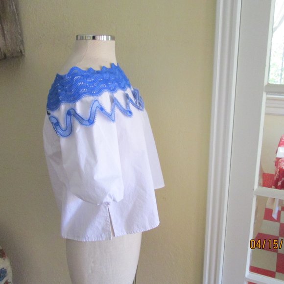 White Blue Peasant Boho Top Few Moda S M Baby Doll - Picture 2 of 5